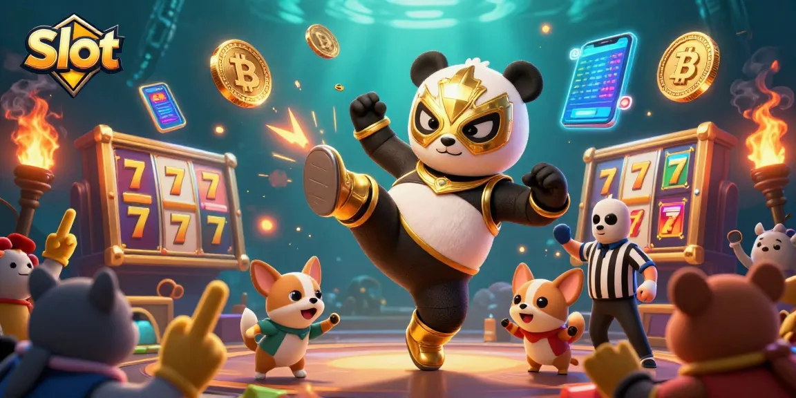 Experience thrilling Slot reels with a 3D panda wrestler in action amidst crypto elements and vibrant crowd