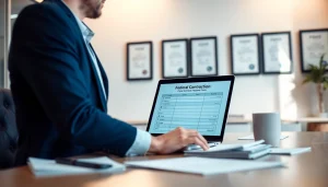 Showing the process of Registration and certification in Federal databases for federal contracts in a modern office.