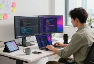 Captivating workspace for 截图软件下载 with developer using advanced screenshot software tools and dual monitors.