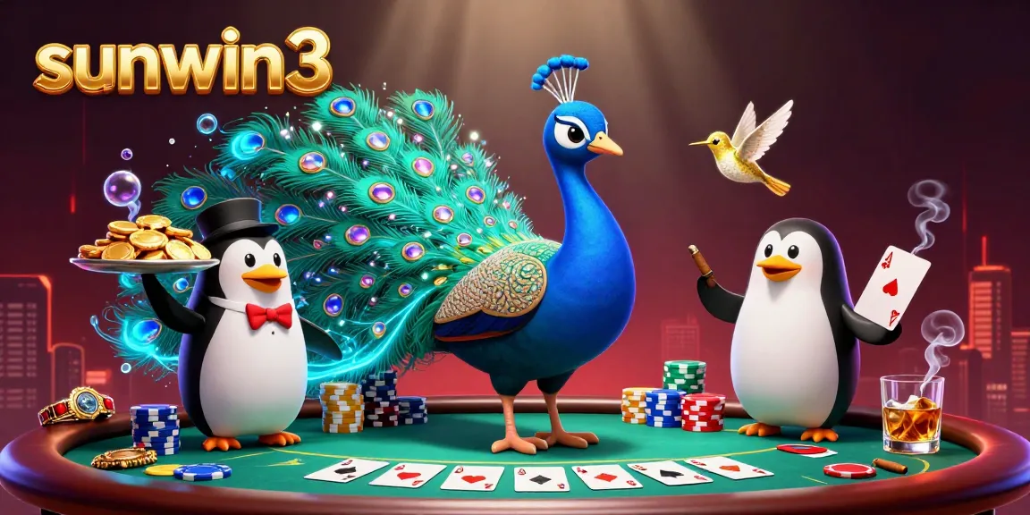 Play at sunwin3 with a 3D peacock, poker chips, and a vibrant casino atmosphere.