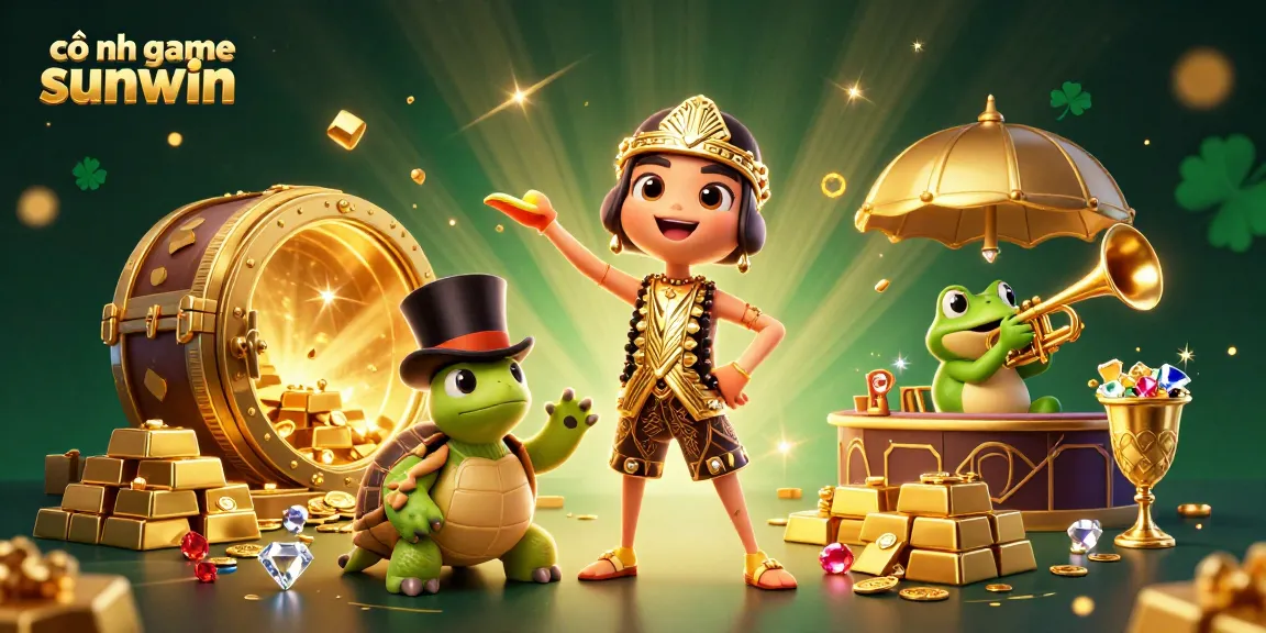 Experience the excitement at cổng game sunwin with vibrant characters and treasure elements in a 3D illustration.