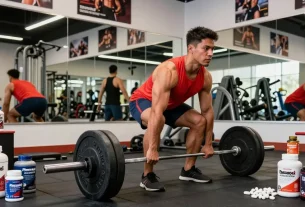 Dynamic athlete using Pharmaqo Shop steroids during an intense workout, showcasing dedication and strength in a vibrant gym environment.