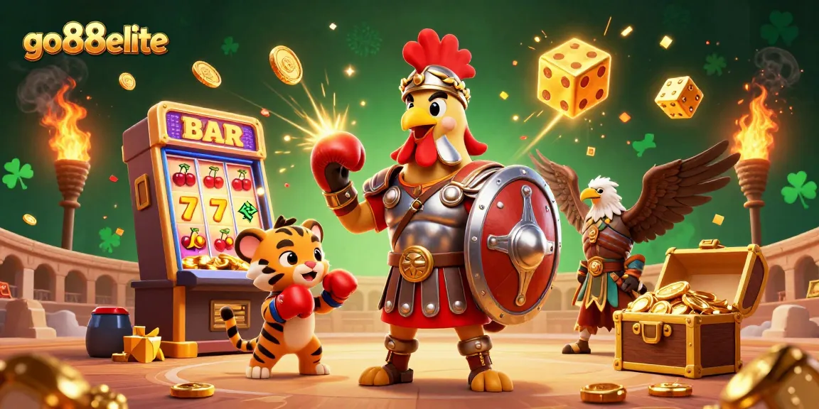 Experience big wins at go88elite with the 3D majestic rooster battling alongside a cute tiger cub in an interactive casino scene.