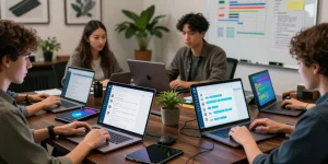 Modern tech workspace showcasing teamwork and digital communication using 纸飞机中文版官网 features for effective collaboration.