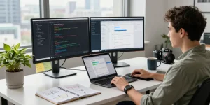 Workspace of a developer coding messaging app, showcasing technology and creativity with 纸飞机中文版官网 concept.