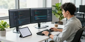 Developer at a modern workspace focusing on coding and innovation, related to 纸飞机官网.