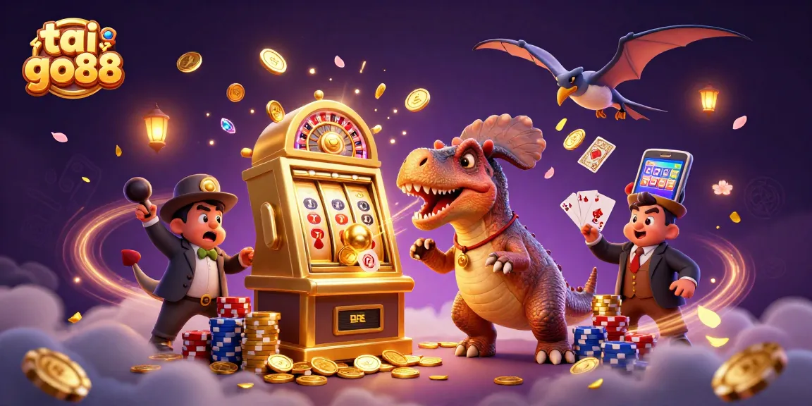 Catch jackpot coins in tai go88 with animated dinosaurs in a vibrant casino scene.