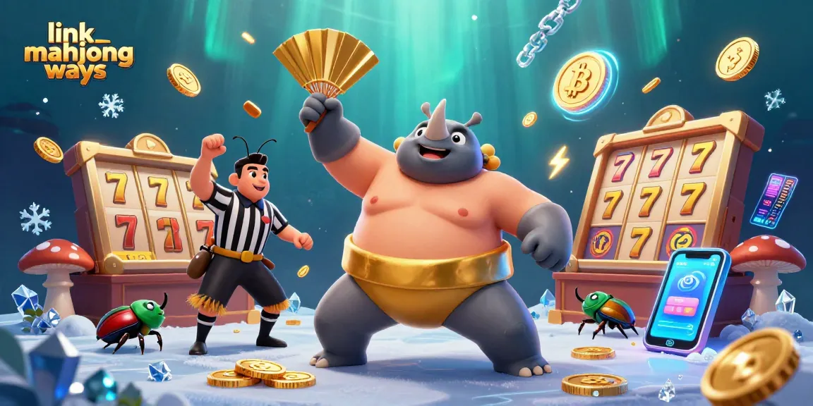 Experience the excitement with link mahjong ways as a sumo champion beetle stomps golden coins in a vibrant casino.