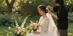 Consulenza di Bridal styling per spose con abito elegante in giardino illuminato dal sole