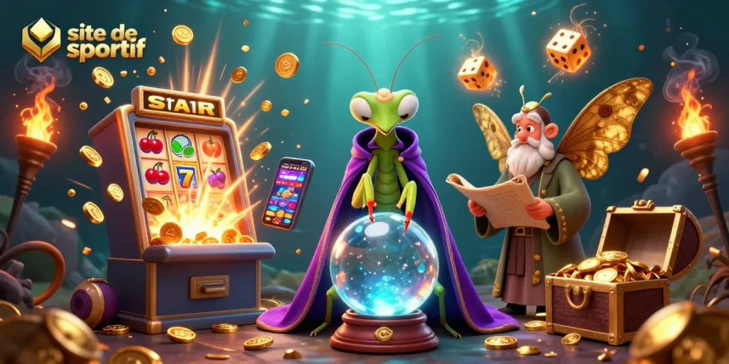 Image captivante d'un site de paris sportif mettant en avant des symboles de chance et de gains avec des personnages animés.