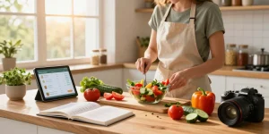 Best food tracker app displayed on tablet while preparing a healthy salad in a cozy kitchen.