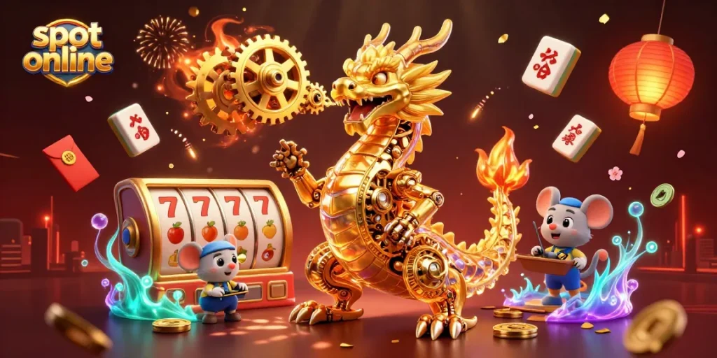 Experience thrill with slot online featuring a golden dragon and dynamic casino elements.