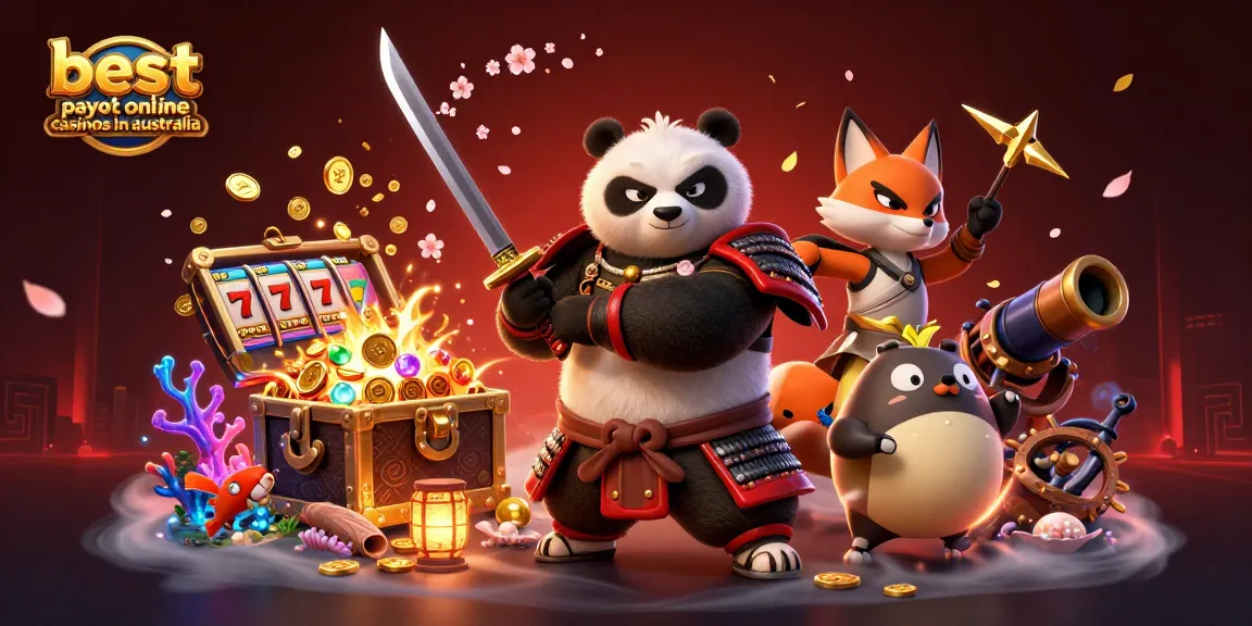 Experience the thrill of best payout online casinos in australia with samurai panda and ninja fox in a vibrant 3D illustration.