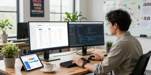 Custom CRM Development Services showcased in a modern tech workspace, with an engineer working on CRM design.