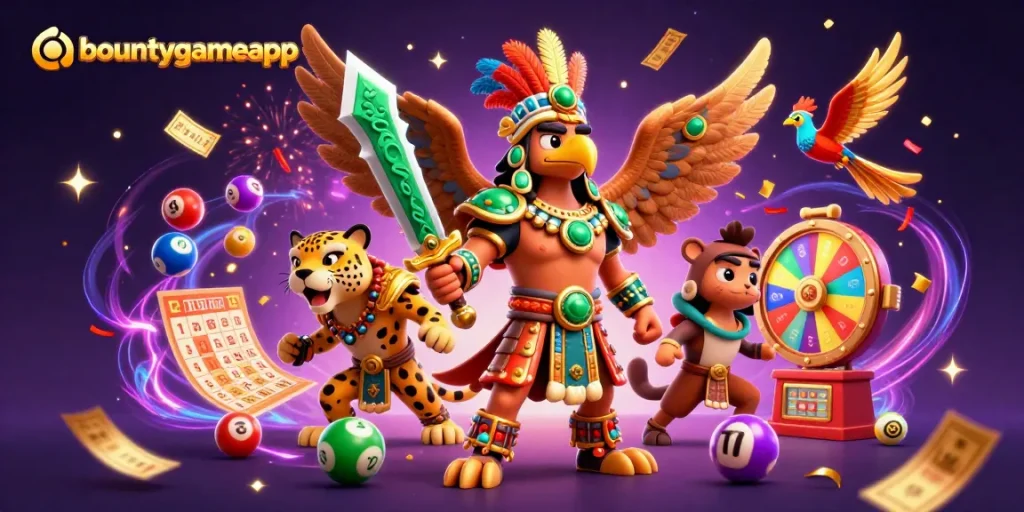 Menghadirkan bountygameapp dengan pahlawan Aztec dan elemen taruhan seperti bola lotere berwarna-warni dan kartu bingo.